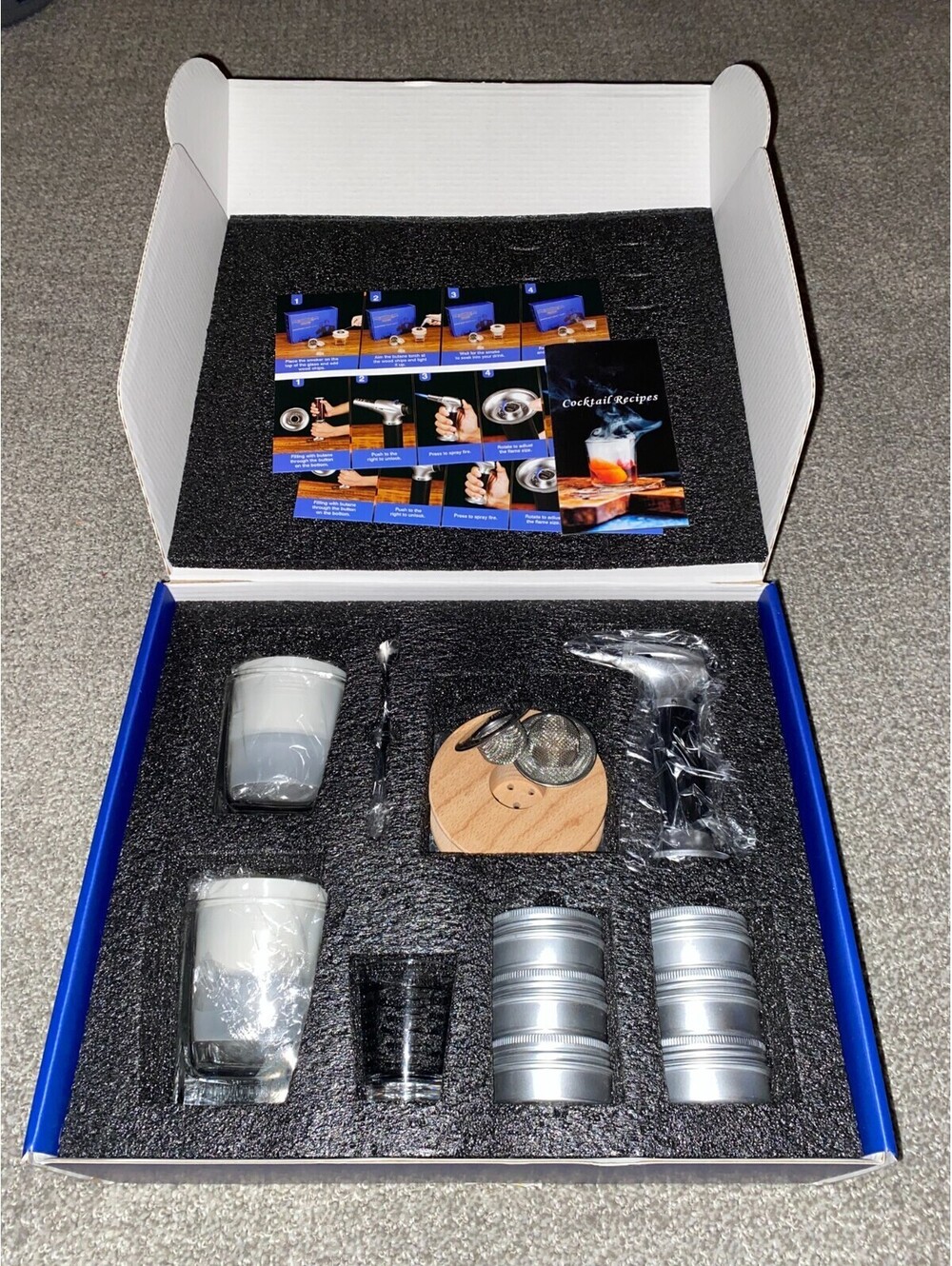 COCKTAIL SMOKER KIT w/ torch, 6 wood chips, 2 glasses, etc WHISKEY BOURBON